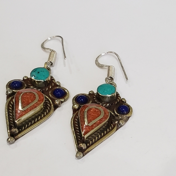 Tibetan Turquoise Lapis Lazuli Gem 925 Drop Earrings - Picture 6 of 12